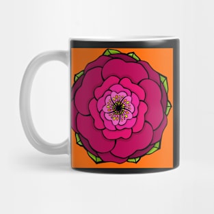 Graphic flower in red-pink tones on orange background Mug